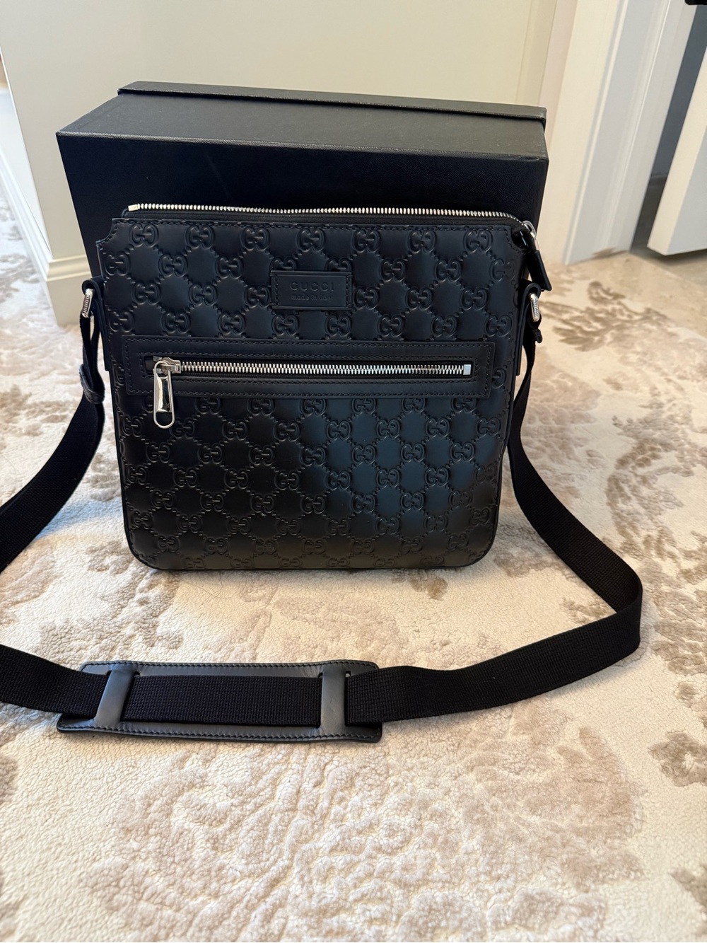 Gucci Black Embossed Signature Leather Messenger Bag